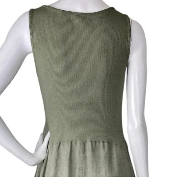 INIZIO 100% Linen Green Tiered Midi Tank Dress Sleeveless Stretch Women’s Medium - Picture 9 of 16